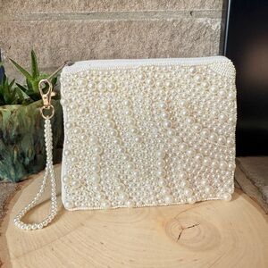 Elegant Pearl-Embellished White Clutch Wristlet NWOT